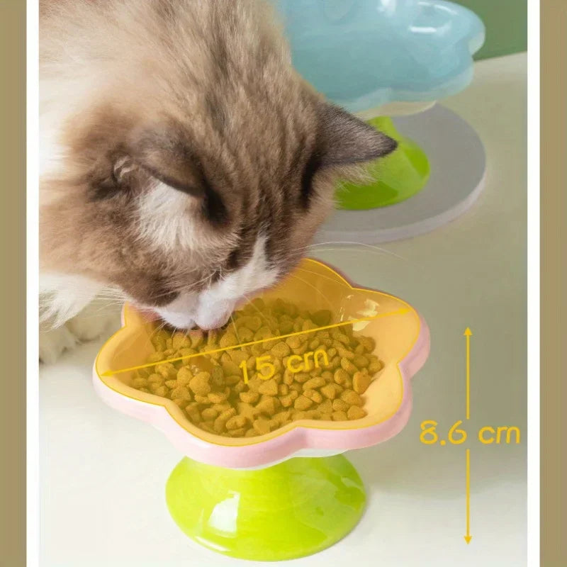 Cute Pastel Ceramic Flower Raised Cat Bowl