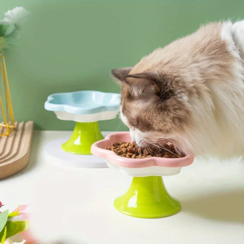 Cute Pastel Ceramic Flower Raised Cat Bowl