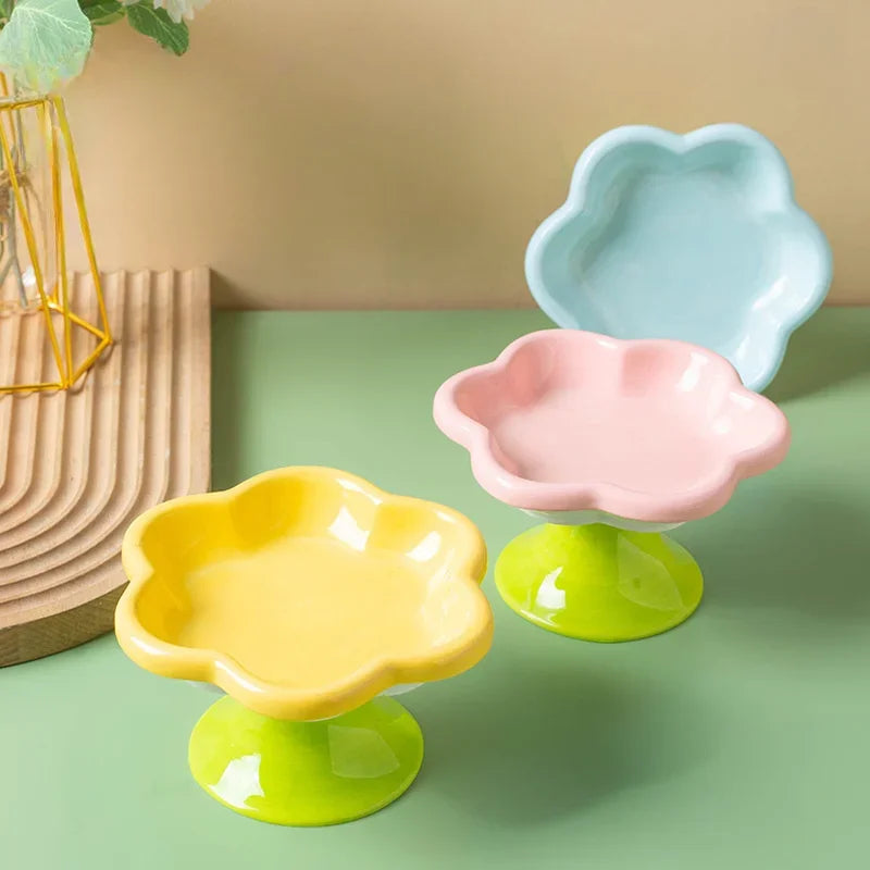 Cute Pastel Ceramic Flower Raised Cat Bowl
